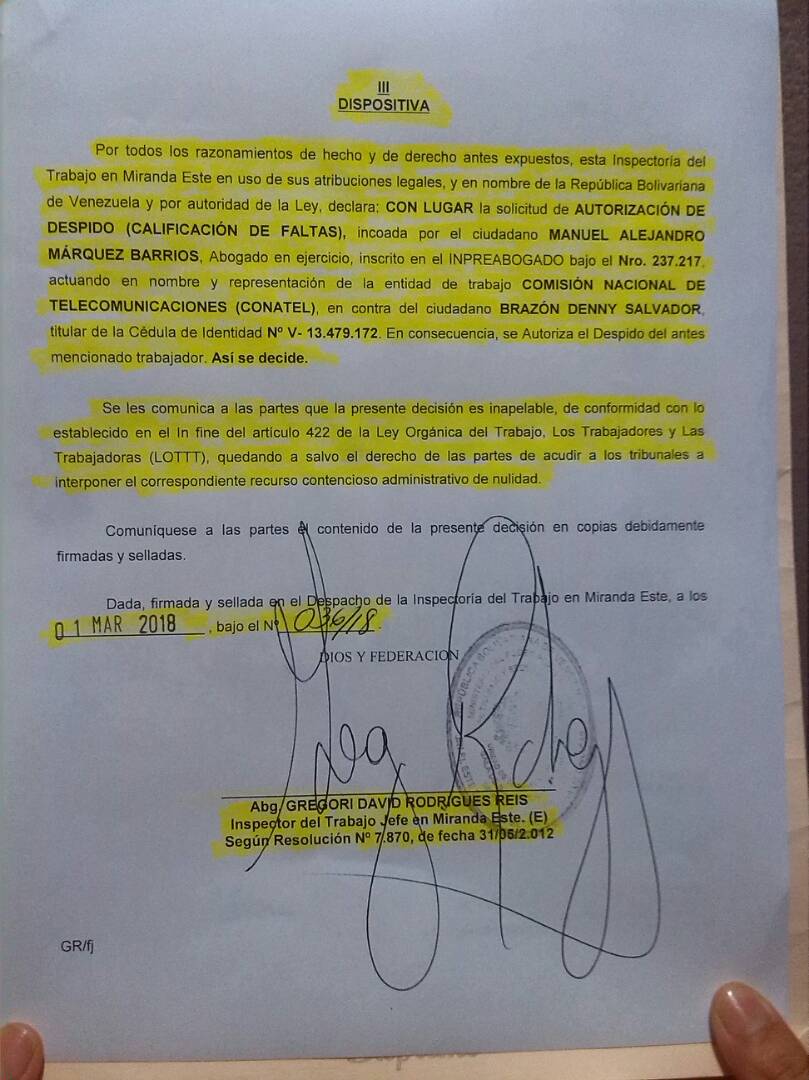 Oficio despido Denny
